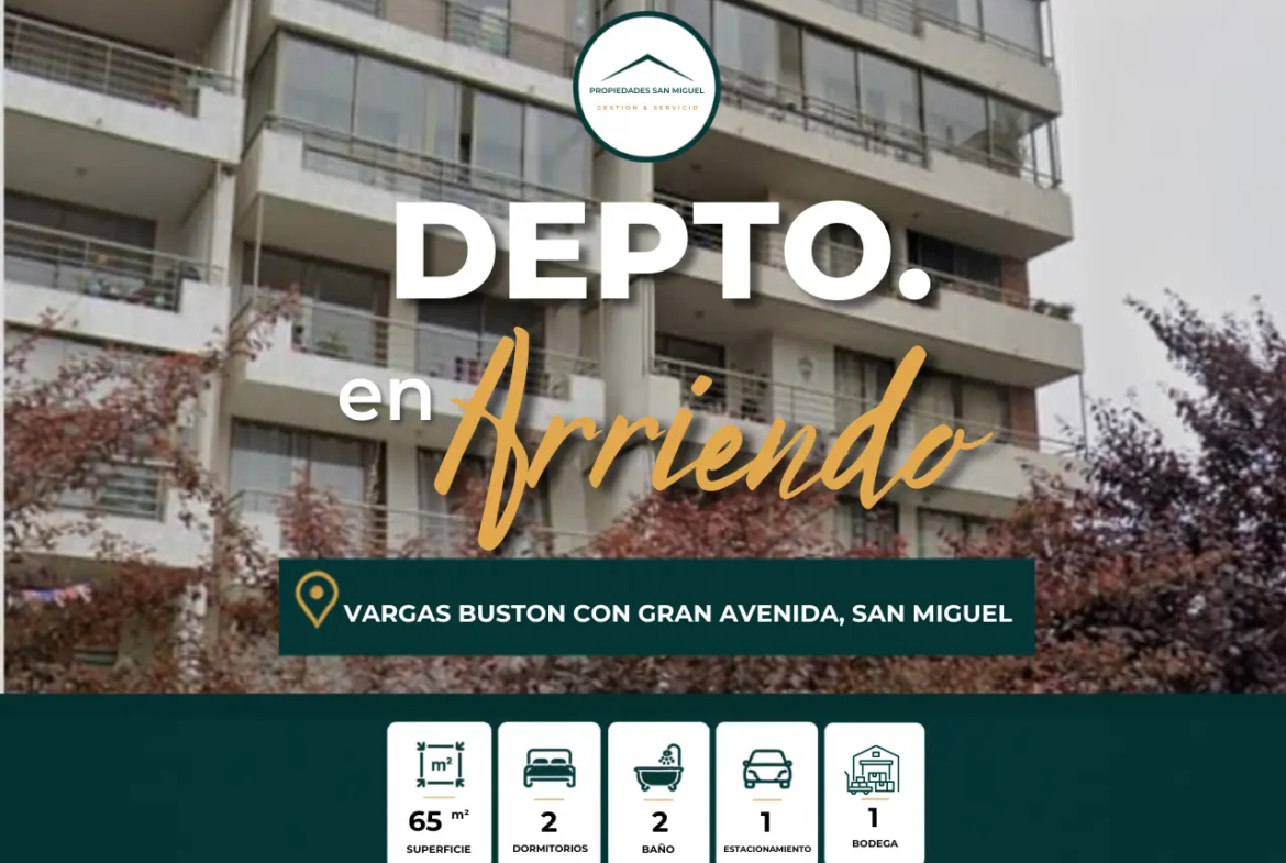 Se Arrienda Depto 2D,2B, Estacionamiento y bodega Vargas Buston 976, San Miguel